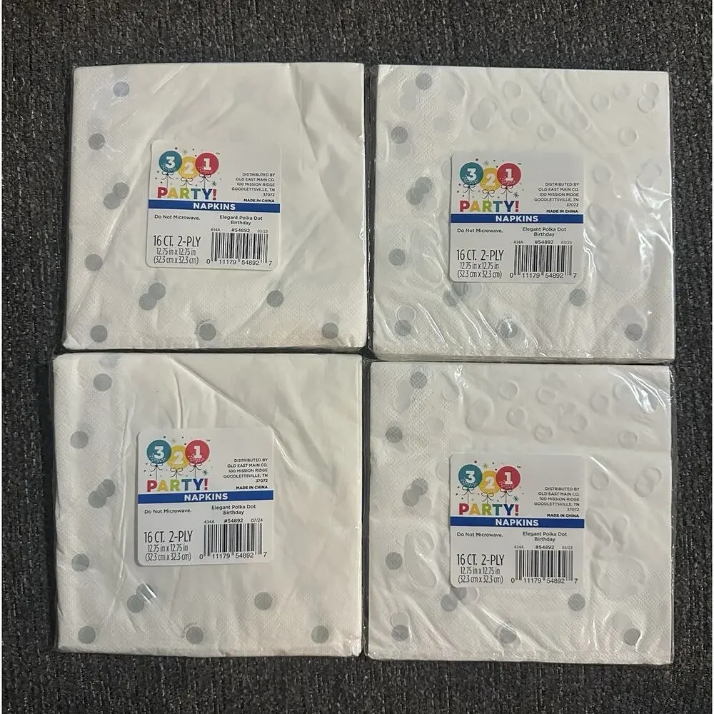 Lot of 4 Happy Birthday Silver Foil Polka Dot Luncheon Napkins 2-Ply